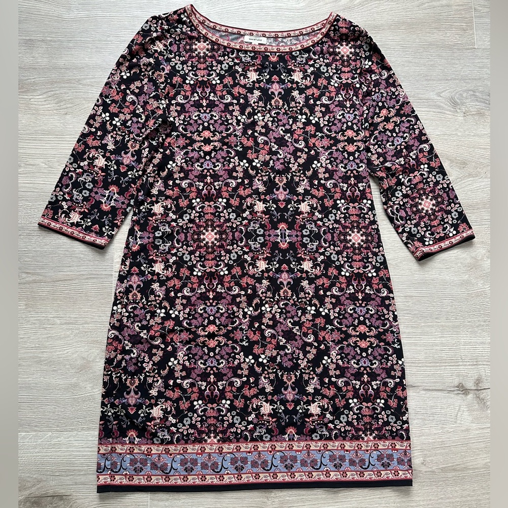 Max Studio Floral 3/4 Sleeve Shift Dress Size XL Pink Black Office Essential